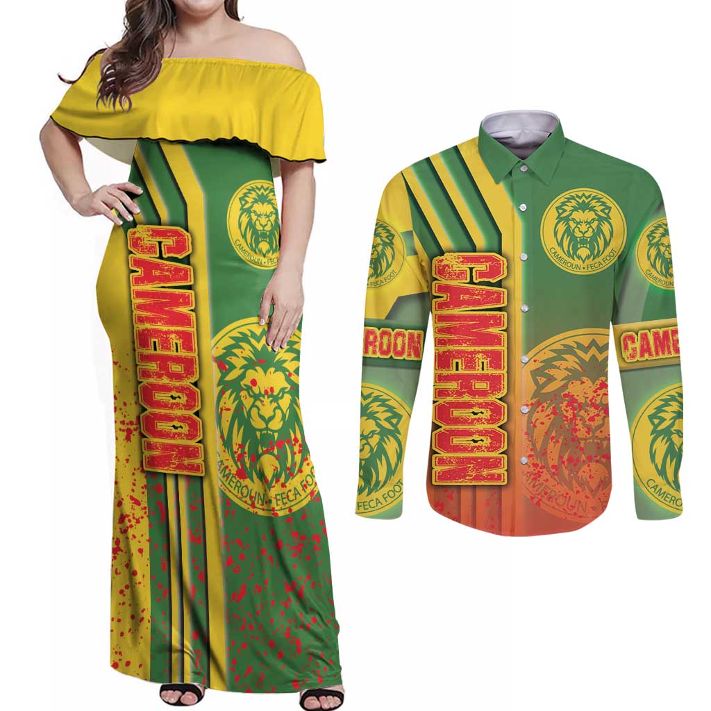 Cameroon Football Couples Matching Off Shoulder Maxi Dress and Long Sleeve Button Shirt Indomitable Lions Soccer - Road To Champion