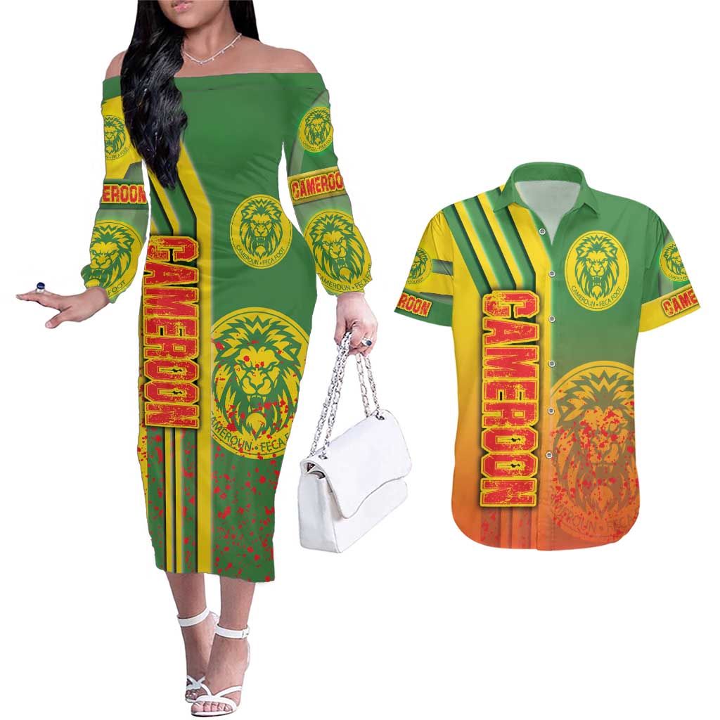 Cameroon Football Couples Matching Off The Shoulder Long Sleeve Dress and Hawaiian Shirt Indomitable Lions Soccer - Road To Champion