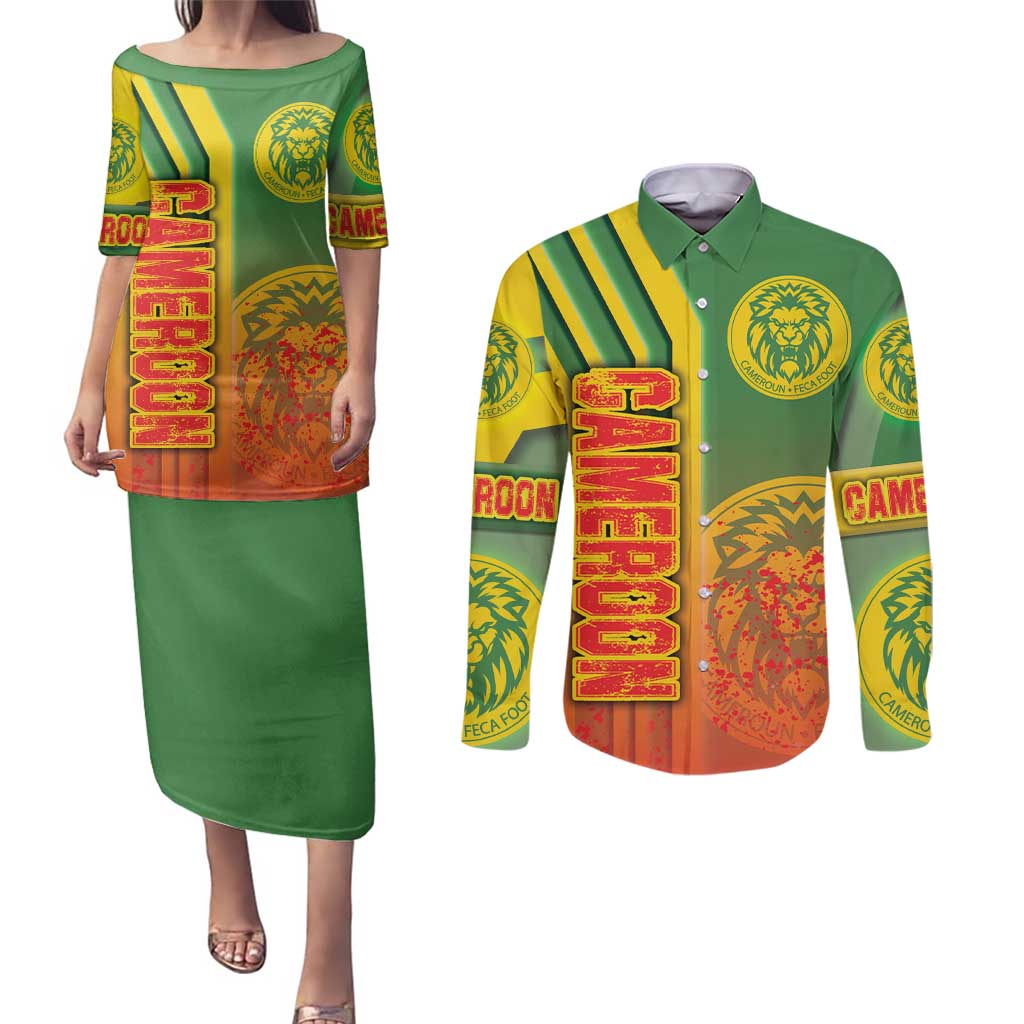 Cameroon Football Couples Matching Puletasi and Long Sleeve Button Shirt Indomitable Lions Soccer - Road To Champion