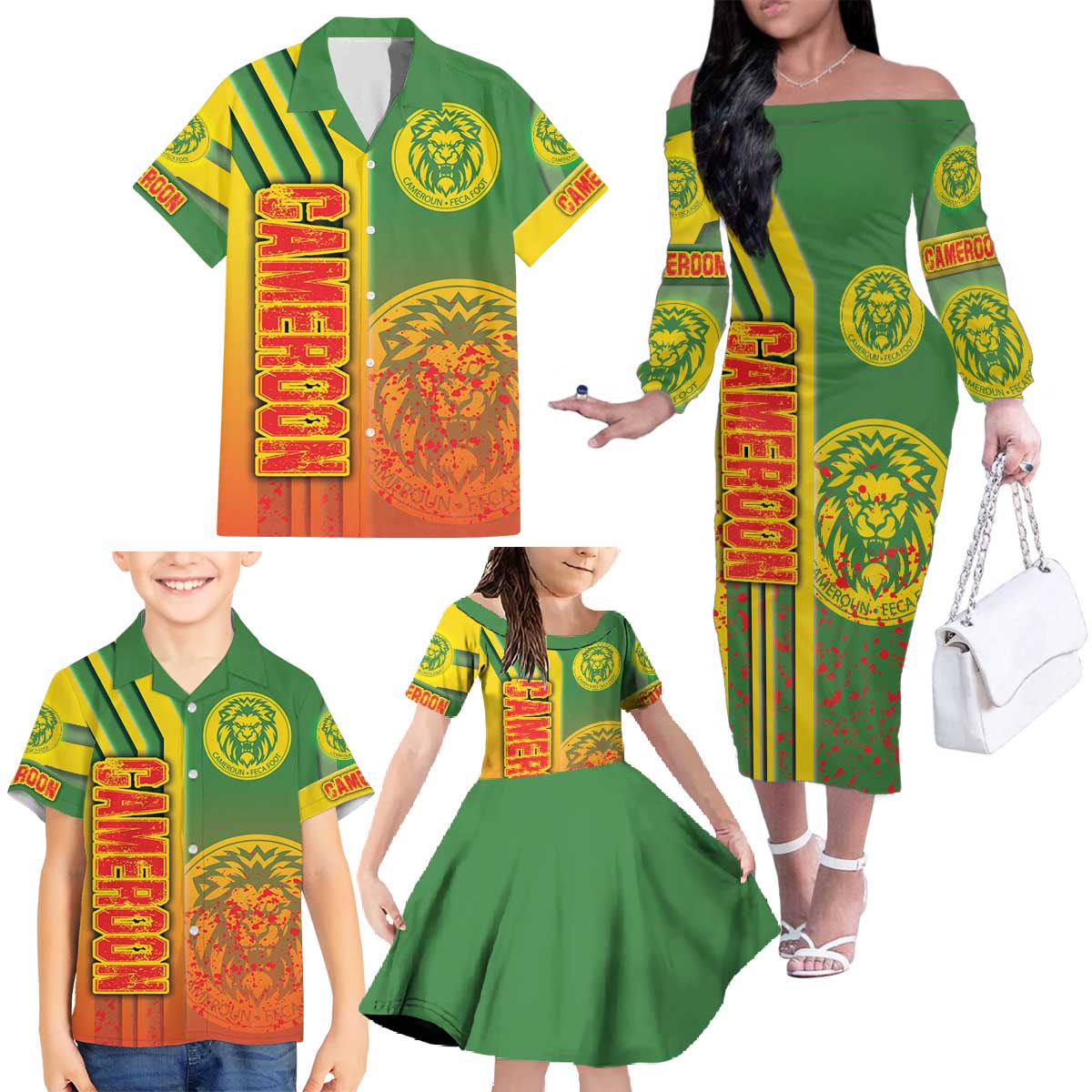 Cameroon Football Family Matching Off The Shoulder Long Sleeve Dress and Hawaiian Shirt Indomitable Lions Soccer - Road To Champion