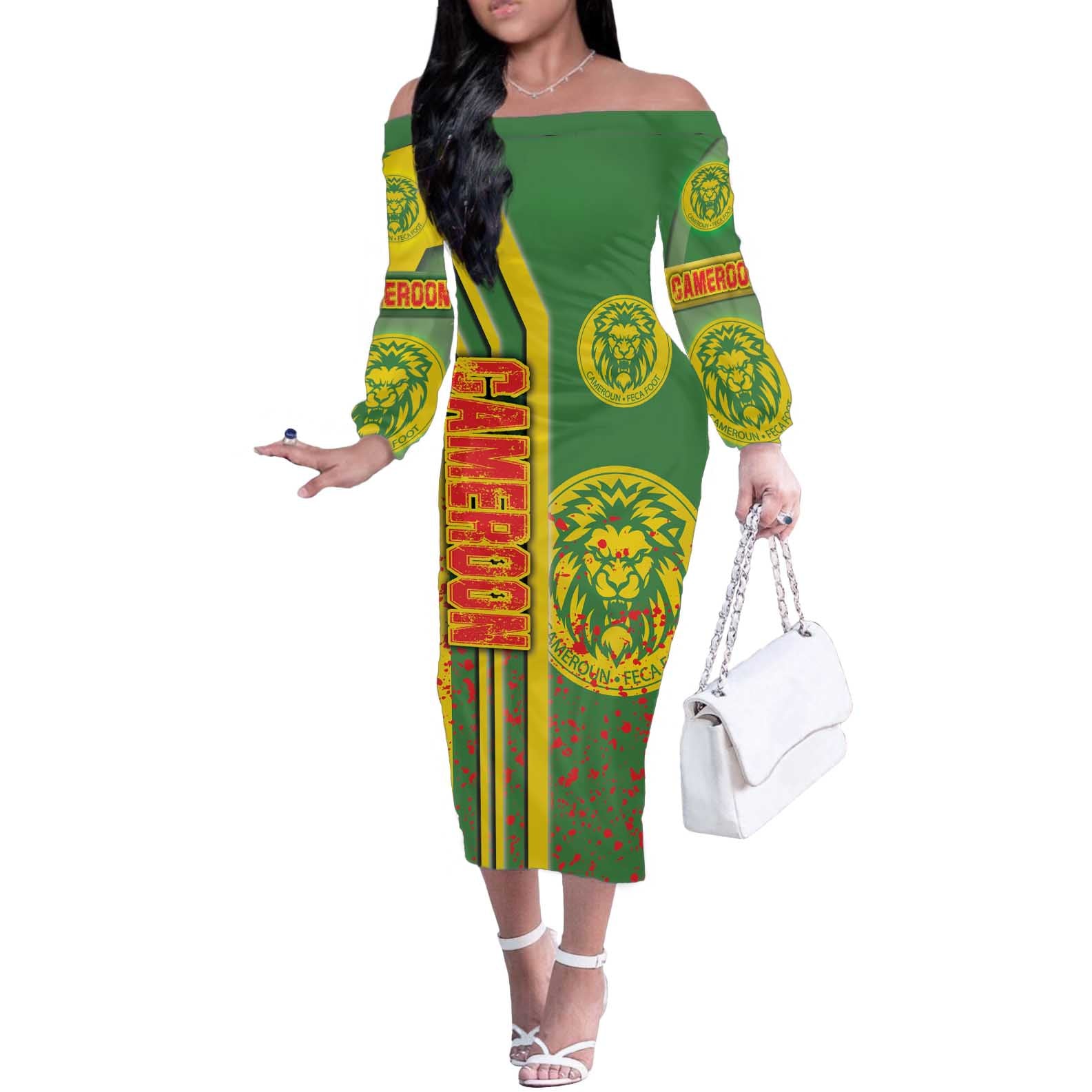 Cameroon Football Off The Shoulder Long Sleeve Dress Indomitable Lions Soccer - Road To Champion - Wonder Print Shop