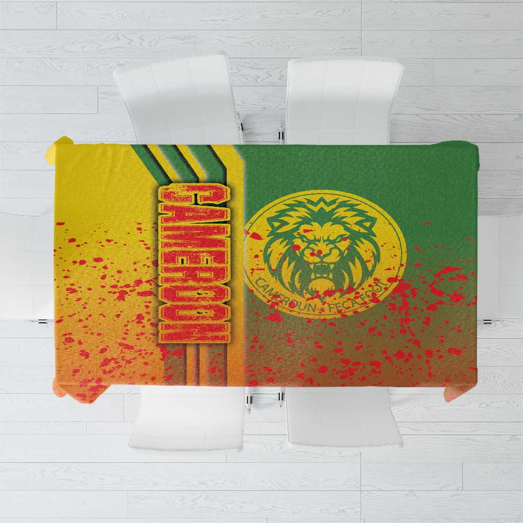 Cameroon football tablecloth with lion crest, green and orange-red pattern, bold vertical text
