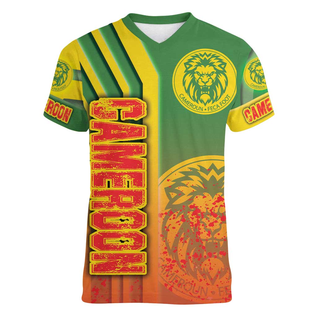 Cameroon Football Women V-Neck T-Shirt Indomitable Lions Soccer - Road To Champion - Wonder Print Shop