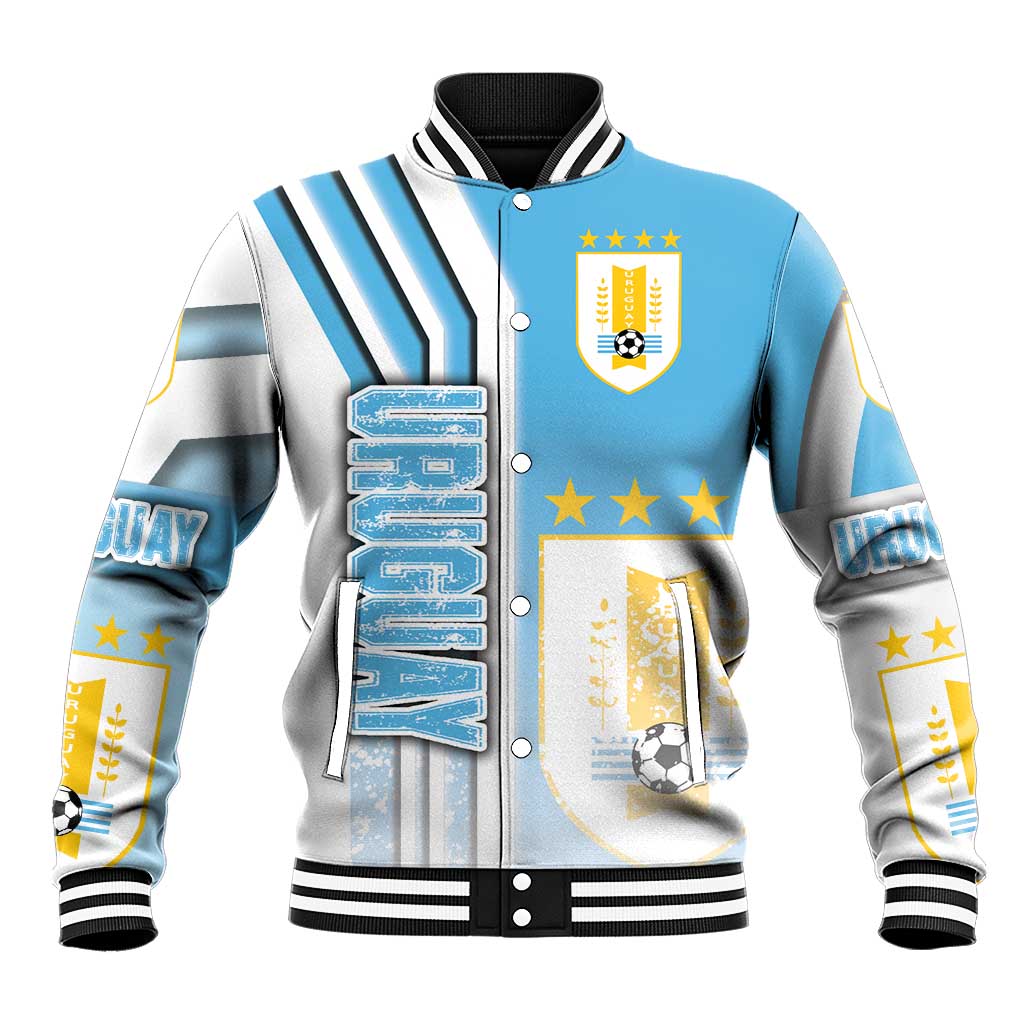 Sky blue football baseball jacket, button-front with Uruguay crest, stars and striped design