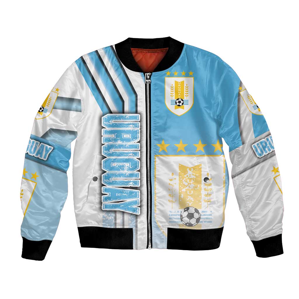 Sky blue and white front zip bomber jacket with patches, black ribbed hem and cuffs