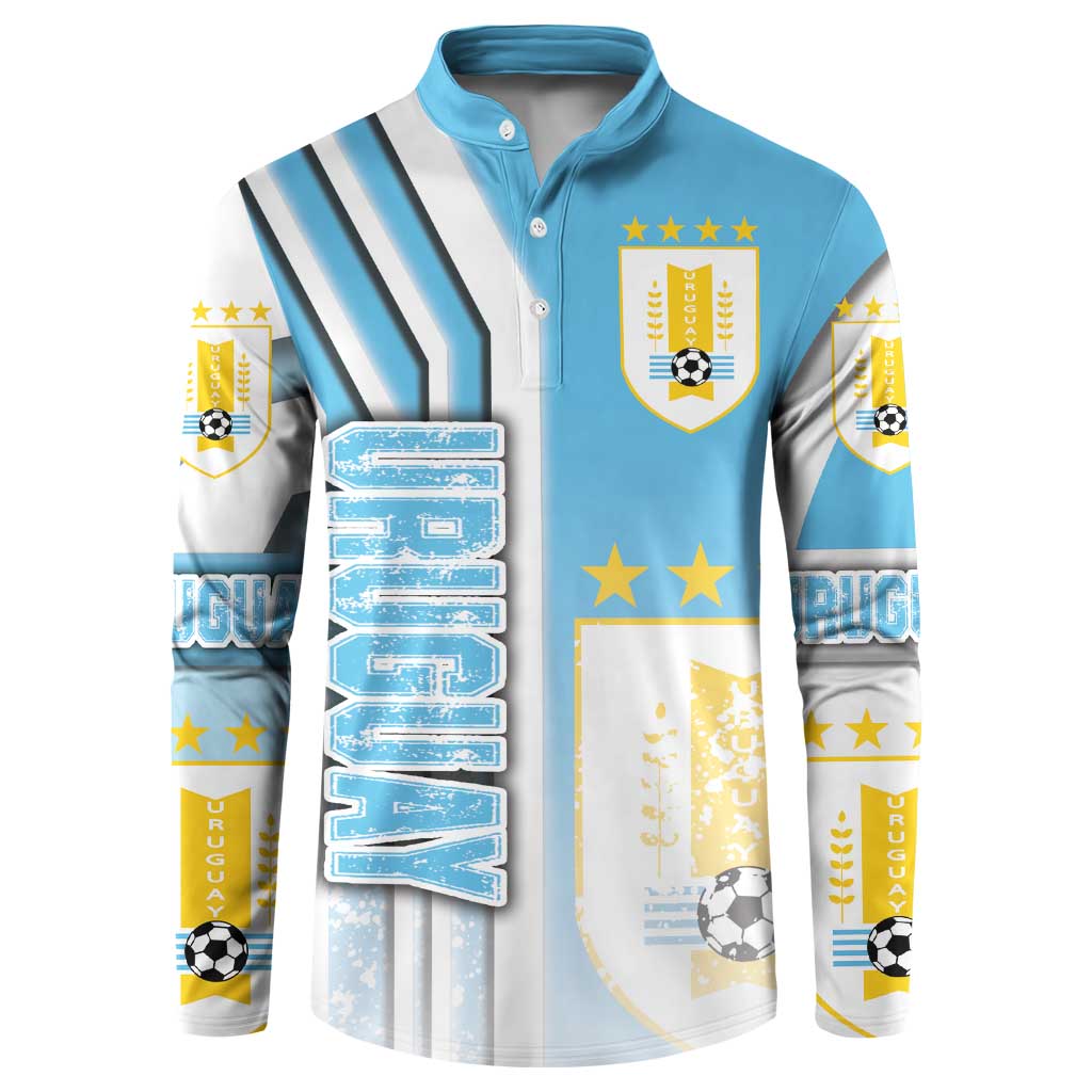 Sky blue button-front football sweatshirt with Uruguay crest, stars, and striped sleeves.