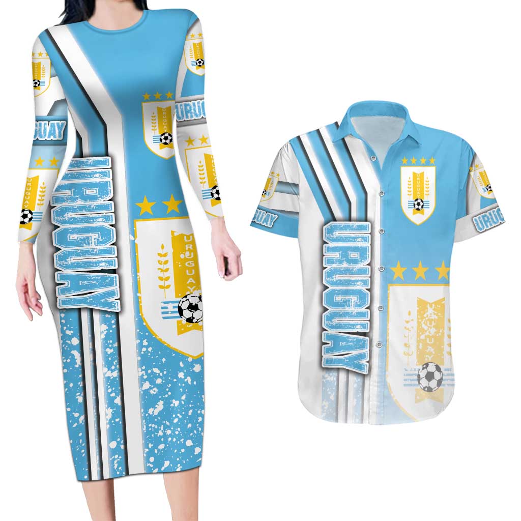 Uruguay Football Couples Matching Long Sleeve Bodycon Dress and Hawaiian Shirt Sky Blue Soccer - Road To Champion