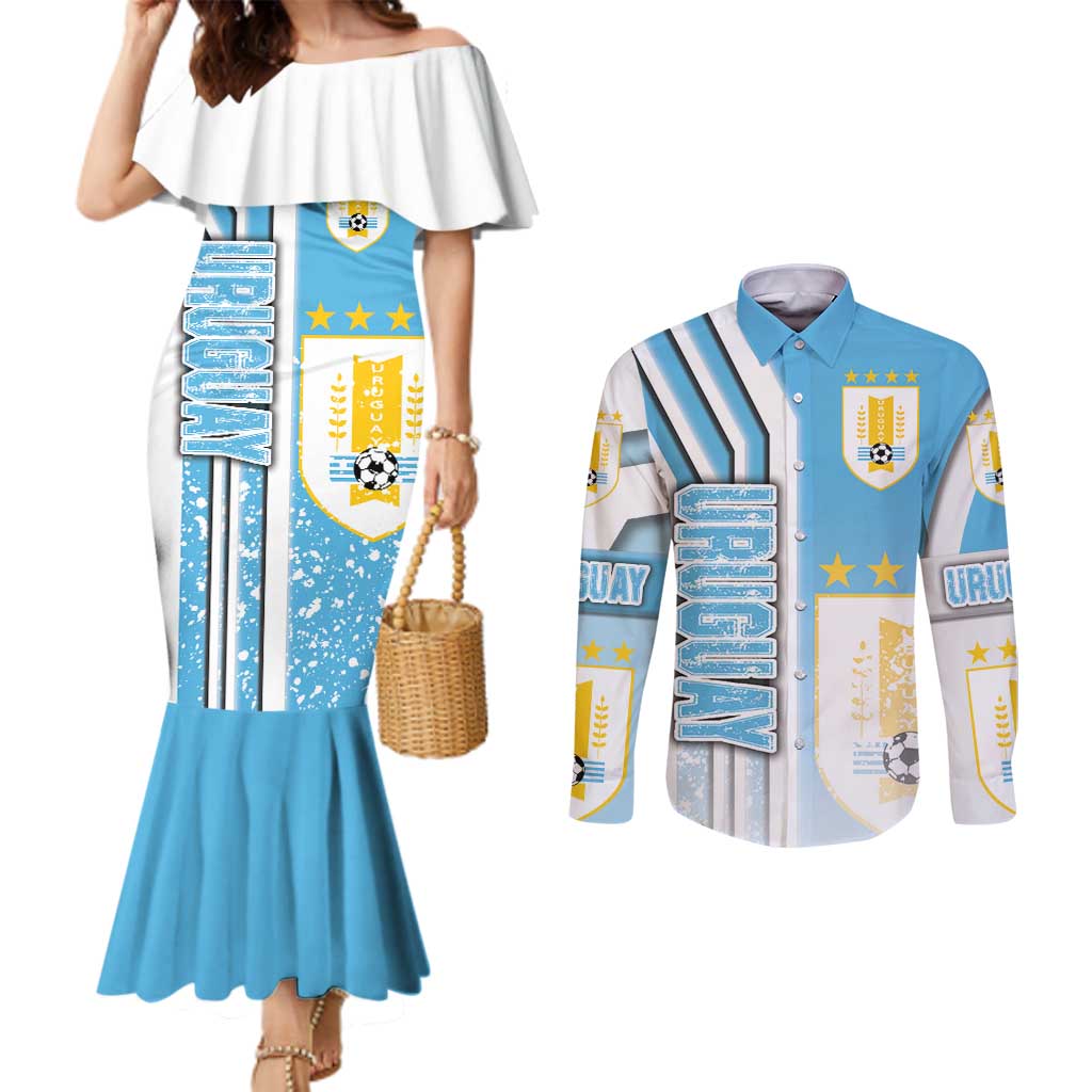 Uruguay Football Couples Matching Mermaid Dress and Long Sleeve Button Shirt Sky Blue Soccer - Road To Champion