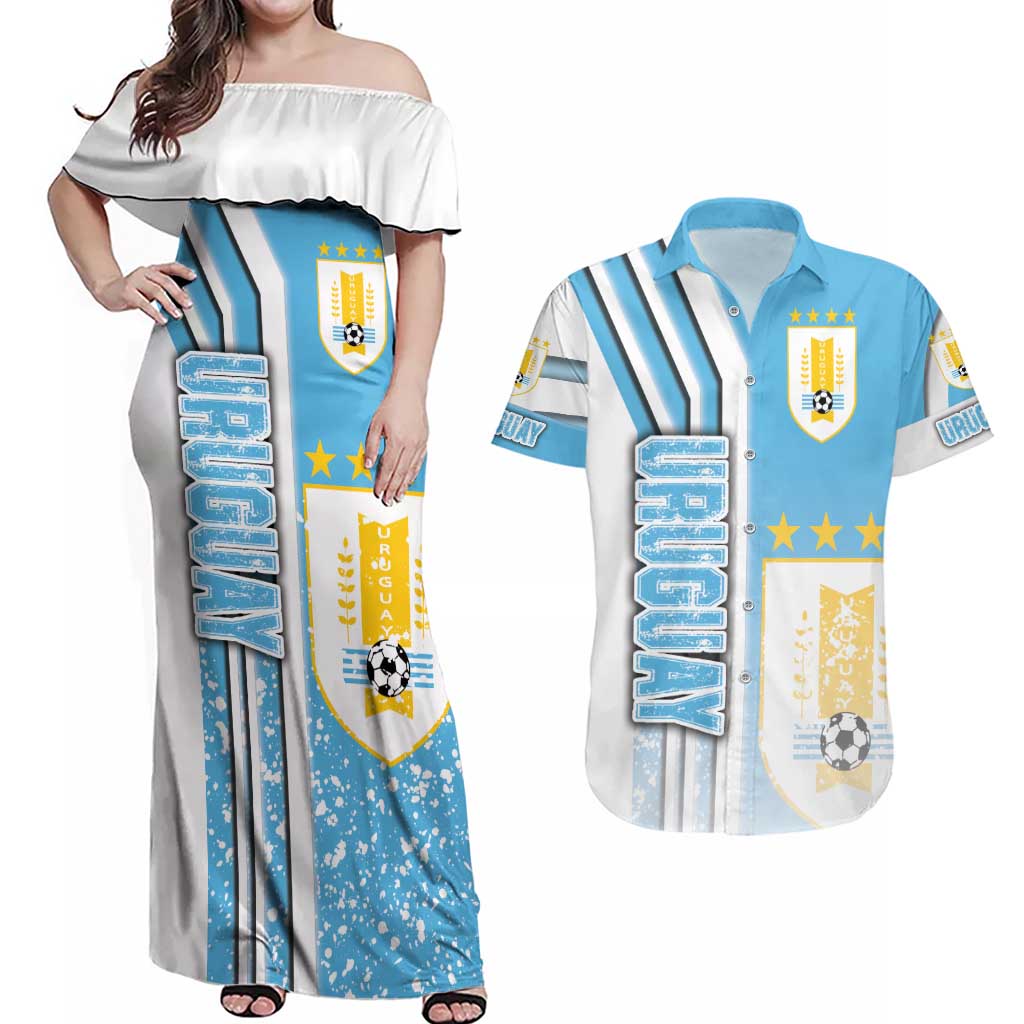 Uruguay Football Couples Matching Off Shoulder Maxi Dress and Hawaiian Shirt Sky Blue Soccer - Road To Champion