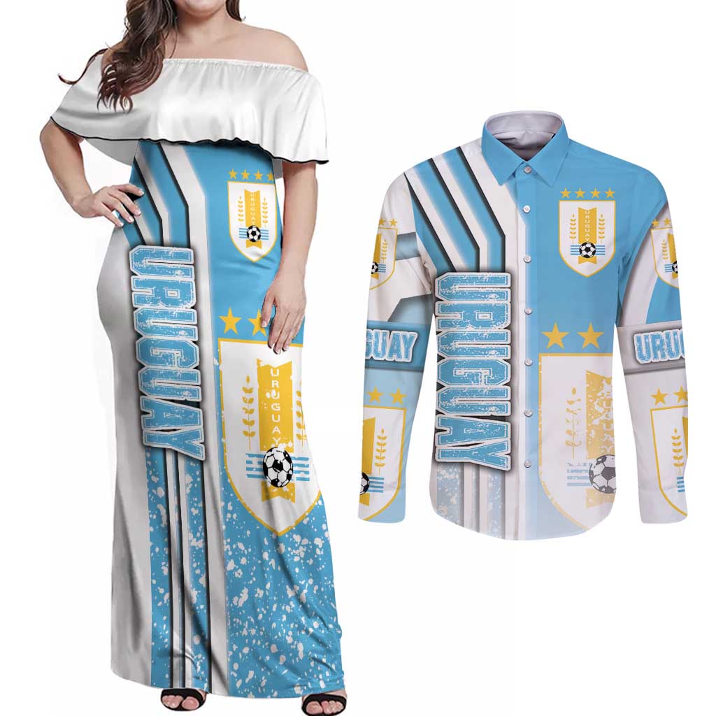 Uruguay Football Couples Matching Off Shoulder Maxi Dress and Long Sleeve Button Shirt Sky Blue Soccer - Road To Champion