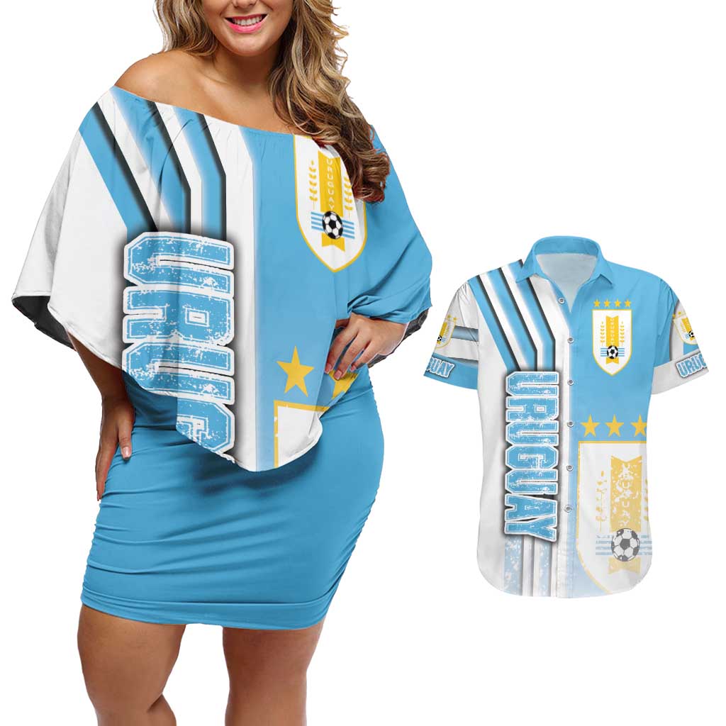 Uruguay Football Couples Matching Off Shoulder Short Dress and Hawaiian Shirt Sky Blue Soccer - Road To Champion