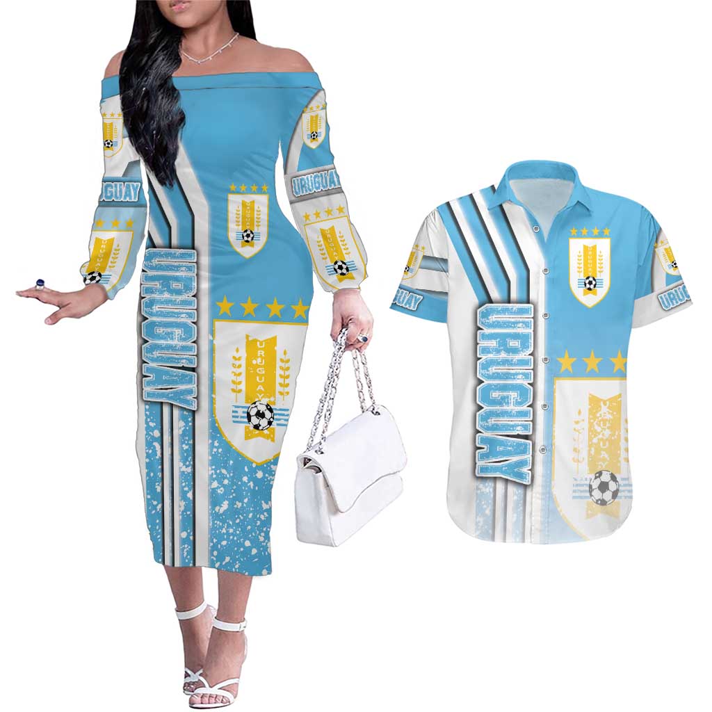 Uruguay Football Couples Matching Off The Shoulder Long Sleeve Dress and Hawaiian Shirt Sky Blue Soccer - Road To Champion