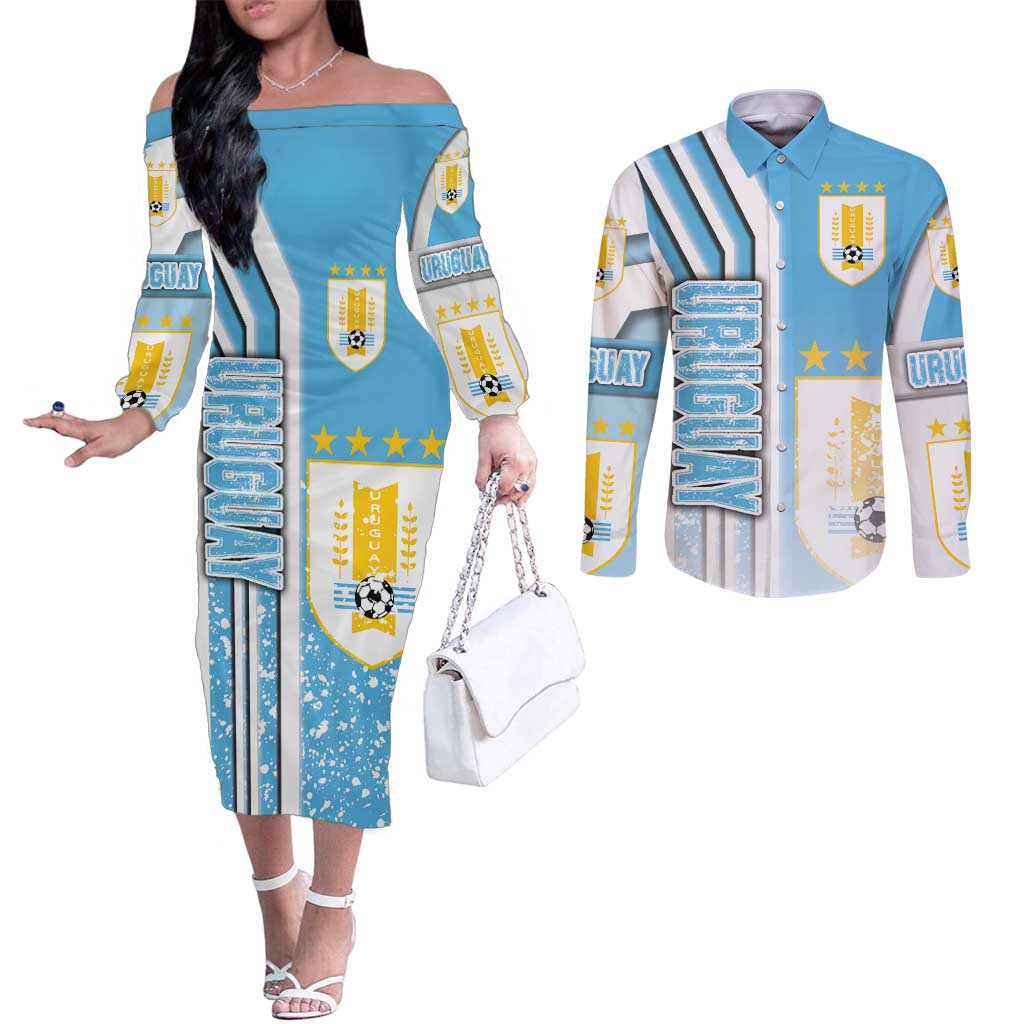 Uruguay Football Couples Matching Off The Shoulder Long Sleeve Dress and Long Sleeve Button Shirt Sky Blue Soccer - Road To Champion