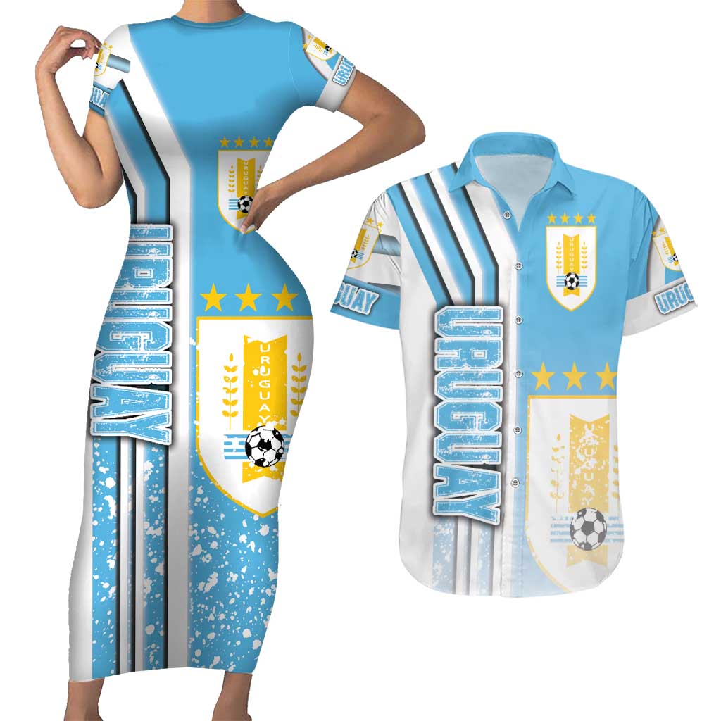 Uruguay Football Couples Matching Short Sleeve Bodycon Dress and Hawaiian Shirt Sky Blue Soccer - Road To Champion