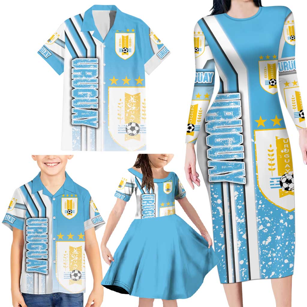 Uruguay Football Family Matching Long Sleeve Bodycon Dress and Hawaiian Shirt Sky Blue Soccer - Road To Champion