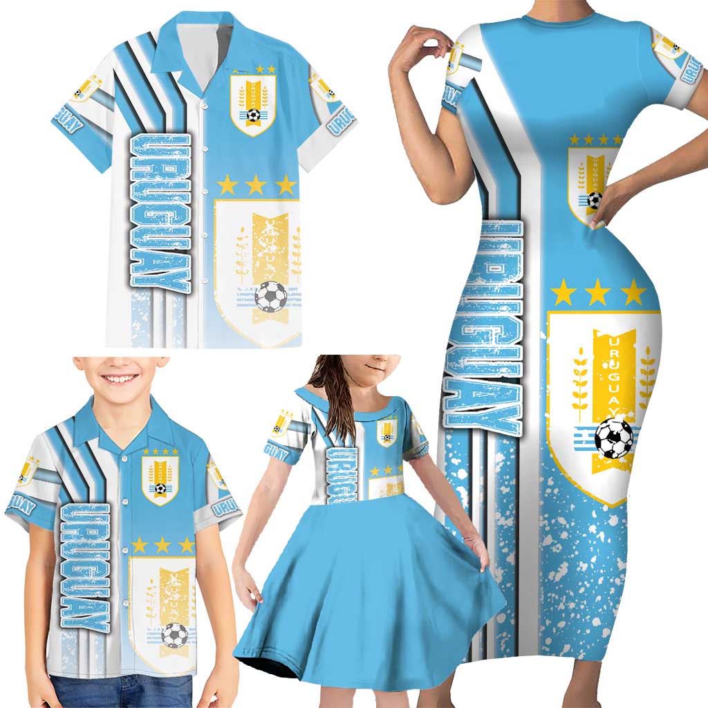 Uruguay Football Family Matching Short Sleeve Bodycon Dress and Hawaiian Shirt Sky Blue Soccer - Road To Champion