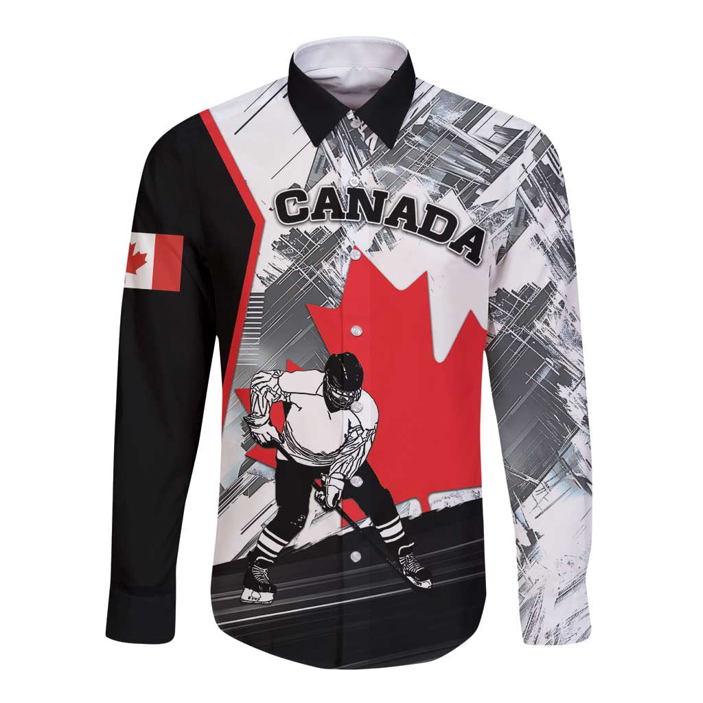 Unisex long sleeve button shirt, black with Canada hockey graphic and maple leaf