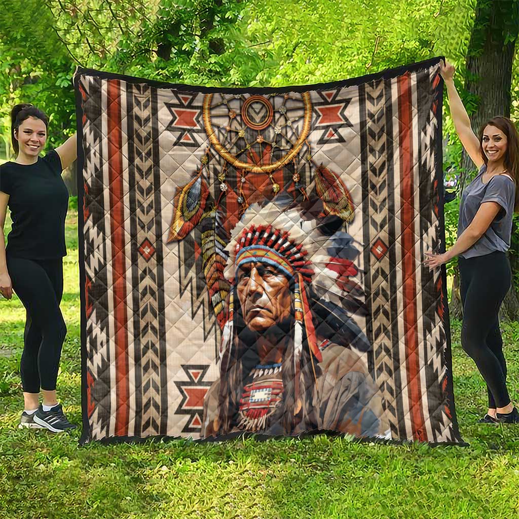 Native American style quilt blanket featuring dreamcatcher and feather headdress portrait