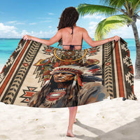 Beige Native American-style sarong with large tribal face and feather headdress print (back)