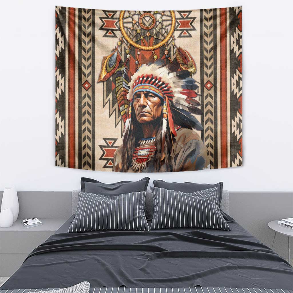 Native American Man Tapestry Feather Headdress With Dream Catcher