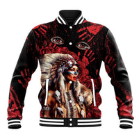 Black baseball jacket with red tribal-style portrait and button front, striped cuffs