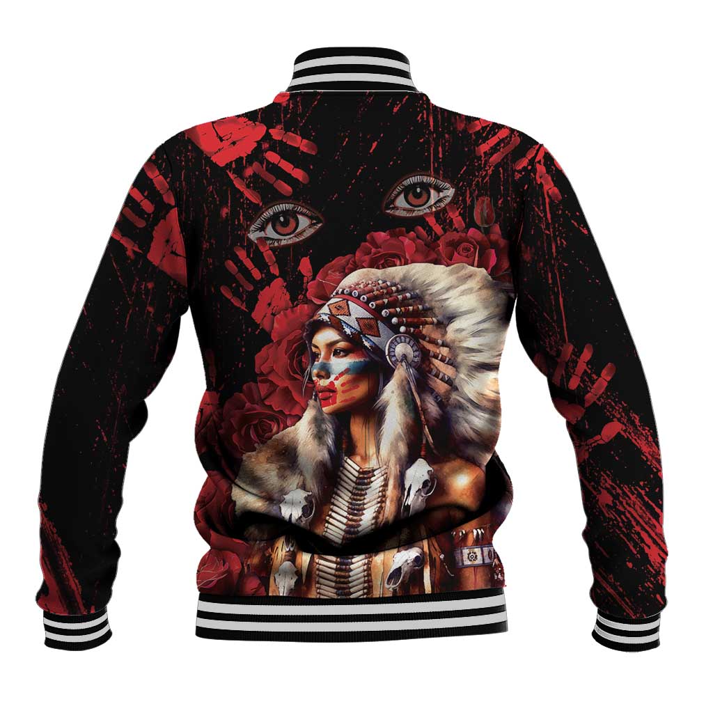 Black back baseball jacket with large red woman portrait graphic and striped collar