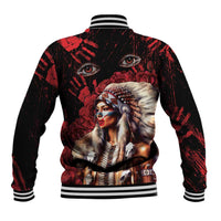 Black back baseball jacket with large red woman portrait graphic and striped collar