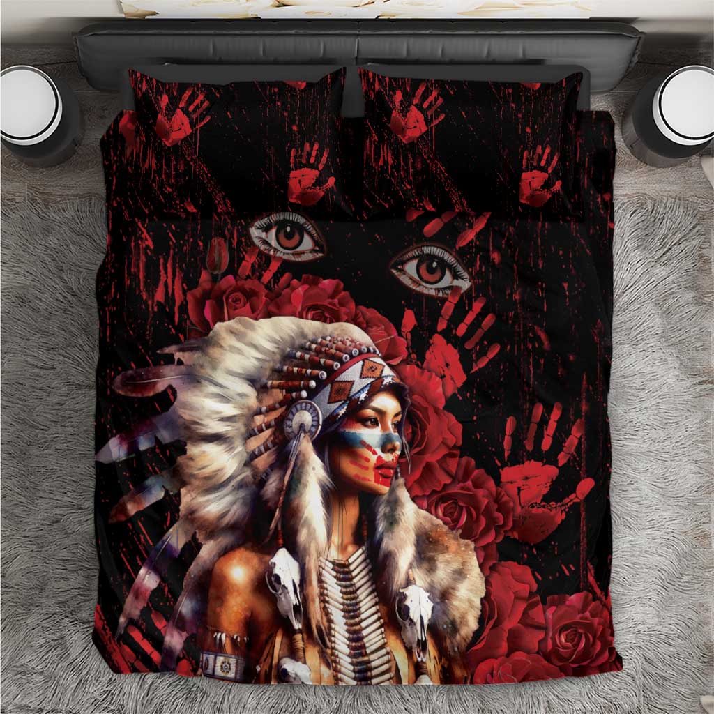 Native American MMIW Bedding Set Red Indian Women With Red Handprint