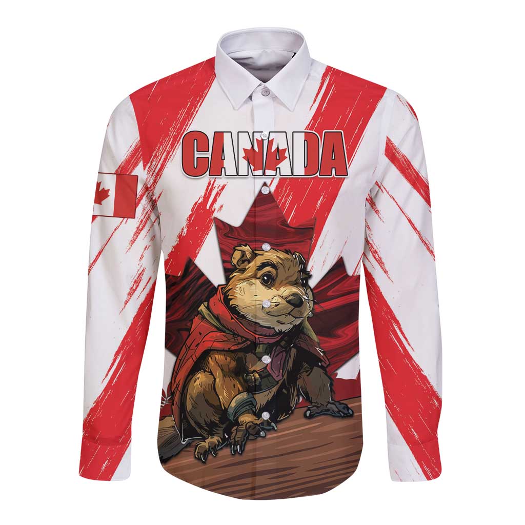 White long-sleeve button shirt with Canada text, red brush accents, and beaver graphic