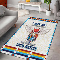 White area rug with dreamcatcher, angel wings, blue border, and Native text