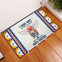 Dream catcher and angel wing doormat with Native-style border, white base
