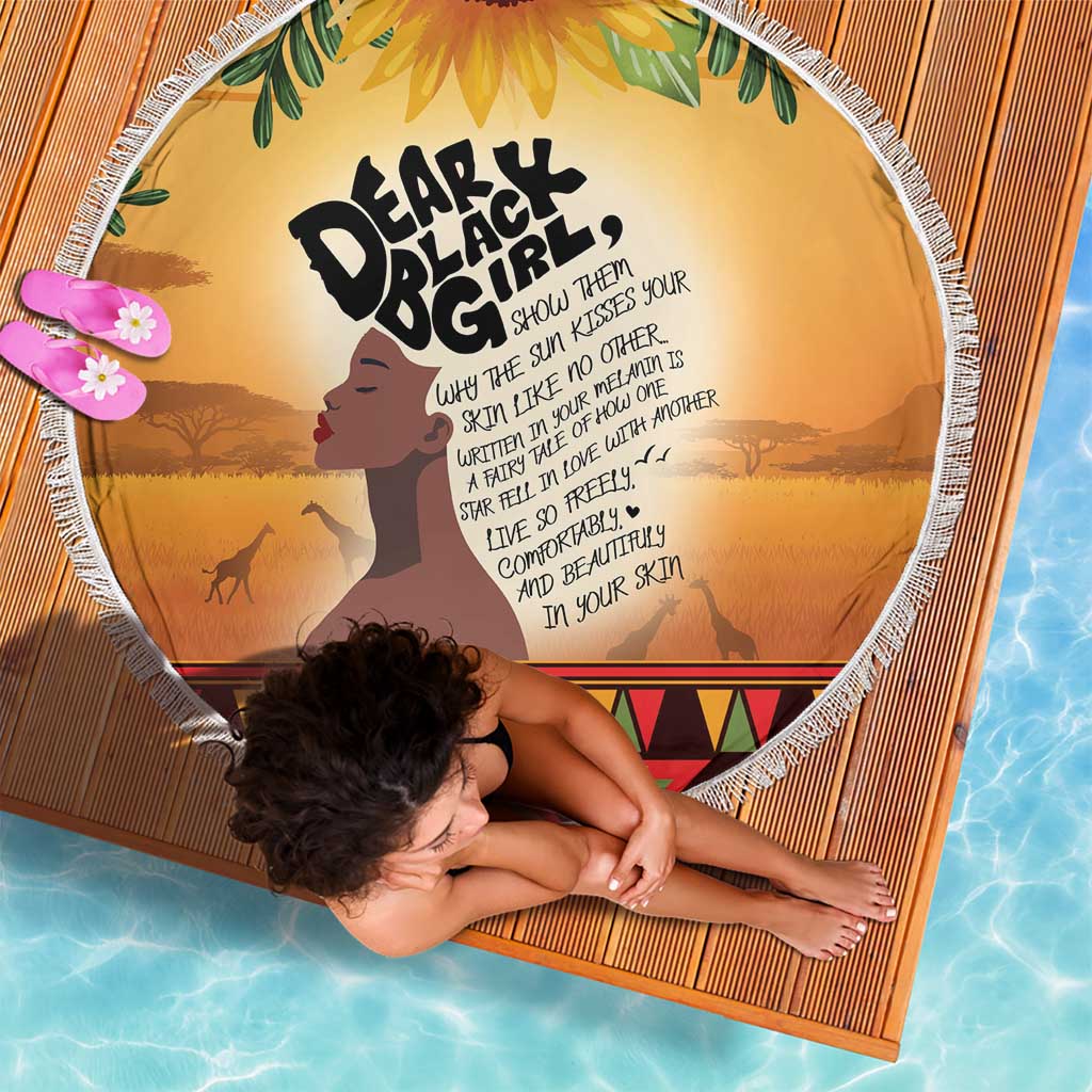 Circular beach blanket, 150cm, yellow-orange “Dear Black Girl” quote print with fringe.