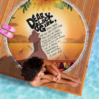 Circular beach blanket, 150cm, yellow-orange “Dear Black Girl” quote print with fringe.