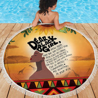 Circular beach blanket, 150cm, yellow-orange “Dear Black Girl” quote and profile print, fringe.