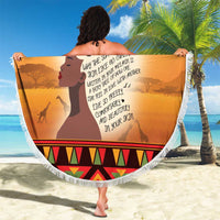 Circular beach blanket, 150cm, yellow-orange “Dear Black Girl” text print with fringe border.