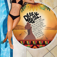 Circular beach blanket, 150cm, yellow-orange “Dear Black Girl” quote print with white fringe.