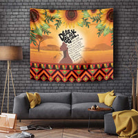 Yellow wall tapestry with woman profile, pride text, sunflower leaves and red zigzag border