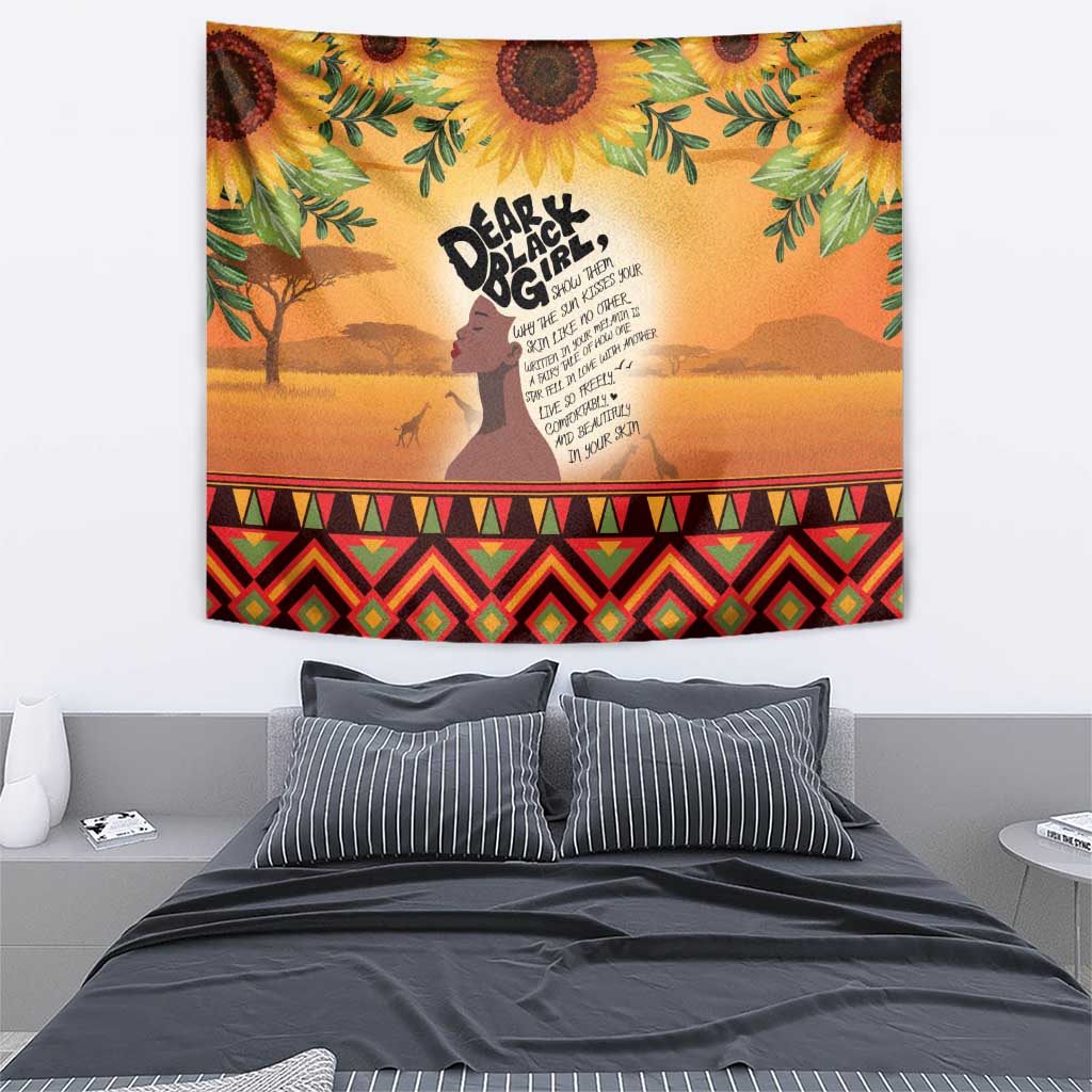 Yellow wall tapestry with woman profile, pride quote text, sunflower leaves and geometric stripe