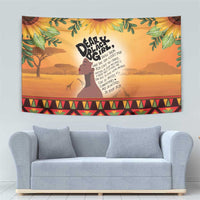 Yellow wall tapestry with woman profile, pride text, sunflower leaves, and red patterned band