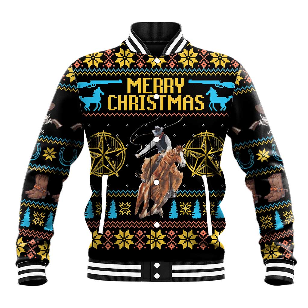 Unisex cowboy baseball jacket, black with blue Merry Christmas print and cowboy scene