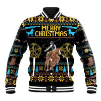 Unisex cowboy baseball jacket, black with blue Merry Christmas print and cowboy scene