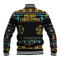 Unisex cowboy baseball jacket back, black with blue Merry Christmas text and icons