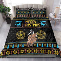 Black cowboy Christmas bedding set with Merry Christmas text, blue reindeer and gold stars
