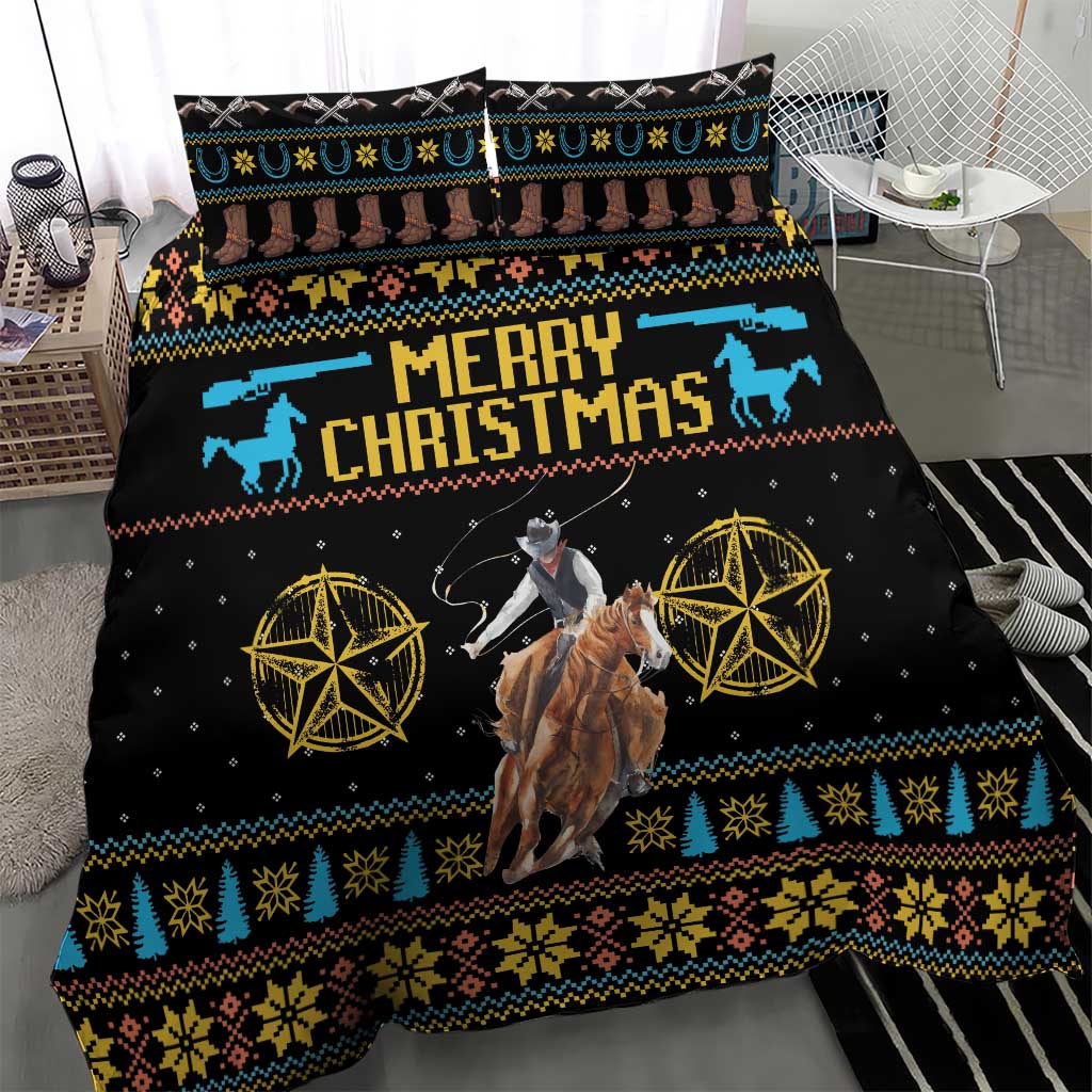 Black cowboy Christmas bedding set with Merry Christmas print, gold star circle and pine border