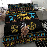Black cowboy Christmas bedding set with Merry Christmas print, gold star circle and pine border