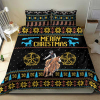 Black cowboy-themed Christmas bedding set with blue and gold festive patterns and stars