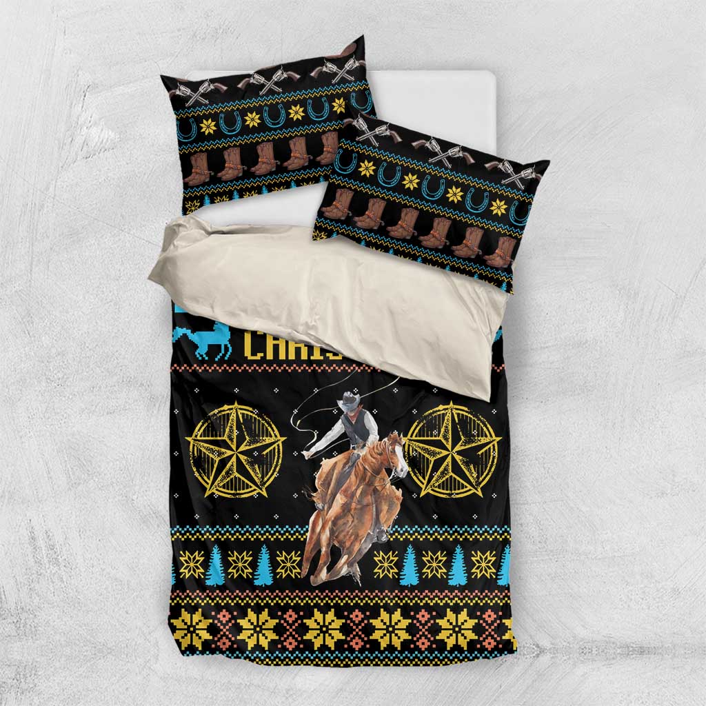 Black bedding set with cowboy Christmas design, blue trim patterns, and gold star motifs