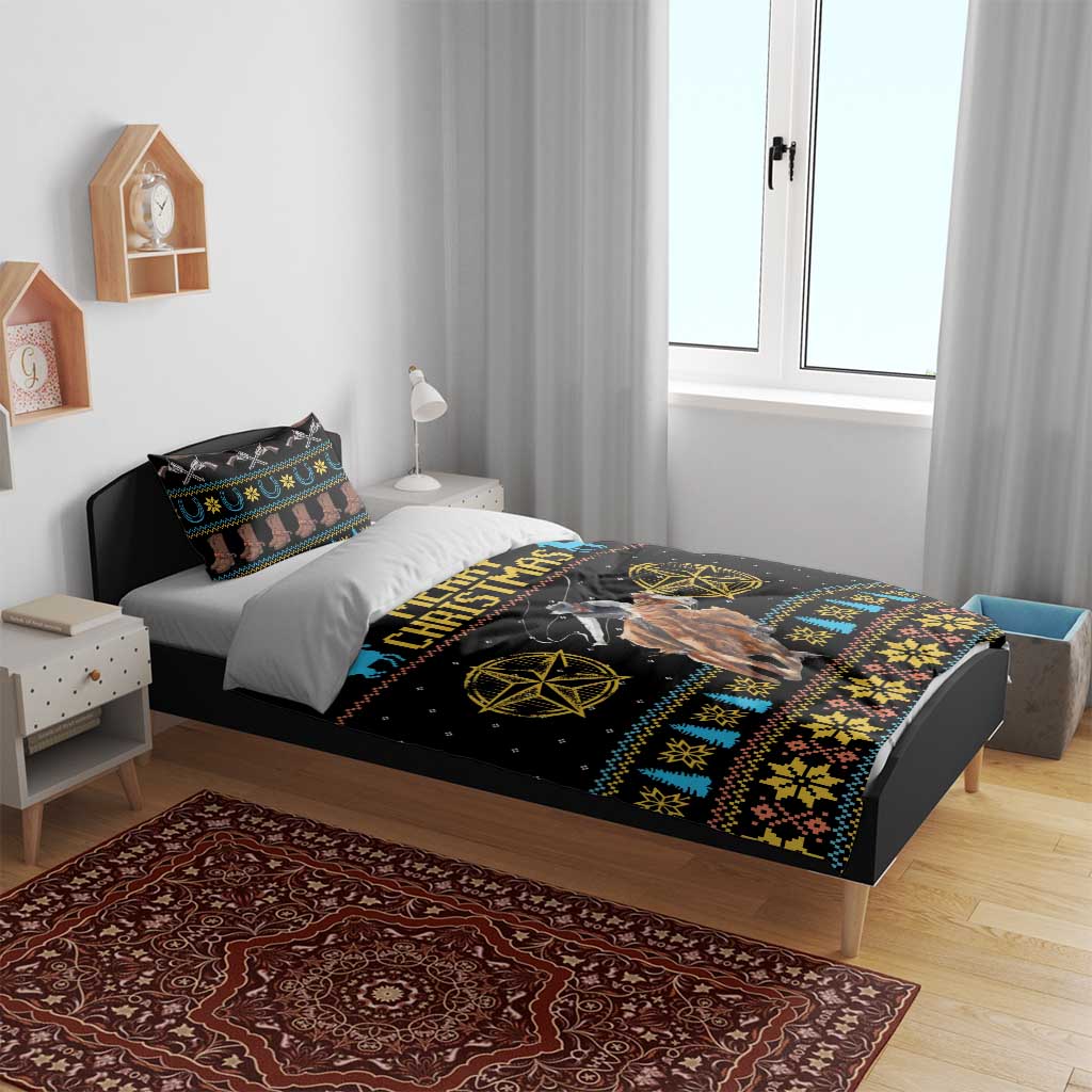 Black cowboy Christmas bedding set with blue-and-gold patterned duvet and matching pillowcases
