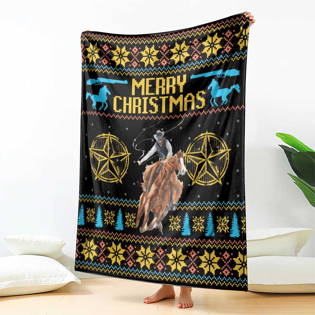 Black cowboy Christmas blanket with 'Merry Christmas' text, blue reindeer and gold star designs
