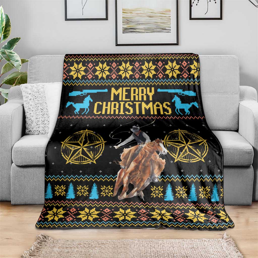 Black cowboy Christmas blanket draped on a couch, 'Merry Christmas' and horse graphic